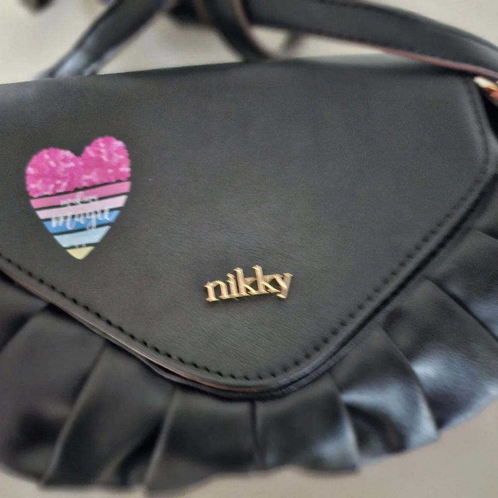 Nikky By Nicole Lee NK12336 Black Ruffle Crossbody Bag Vegan Leather NWT.